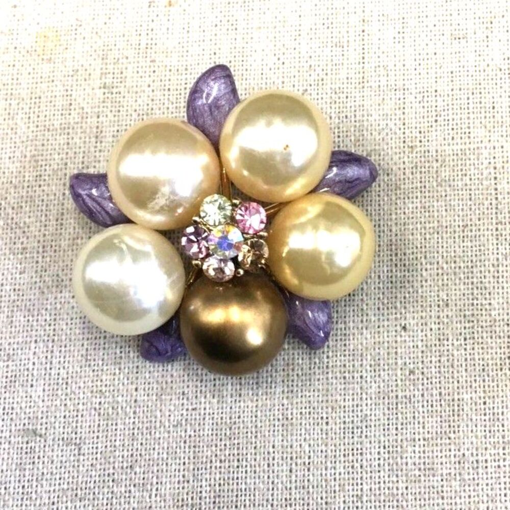 Vintage Unsigned Floral Faux Pearls Clusters AB Rhinestones Purple Enamel Brooch